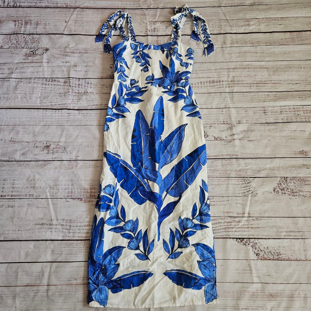 Calypso St. Barth Linen Blend Tropical Leaf Print Midi Tank Dress Beaded XS NWT